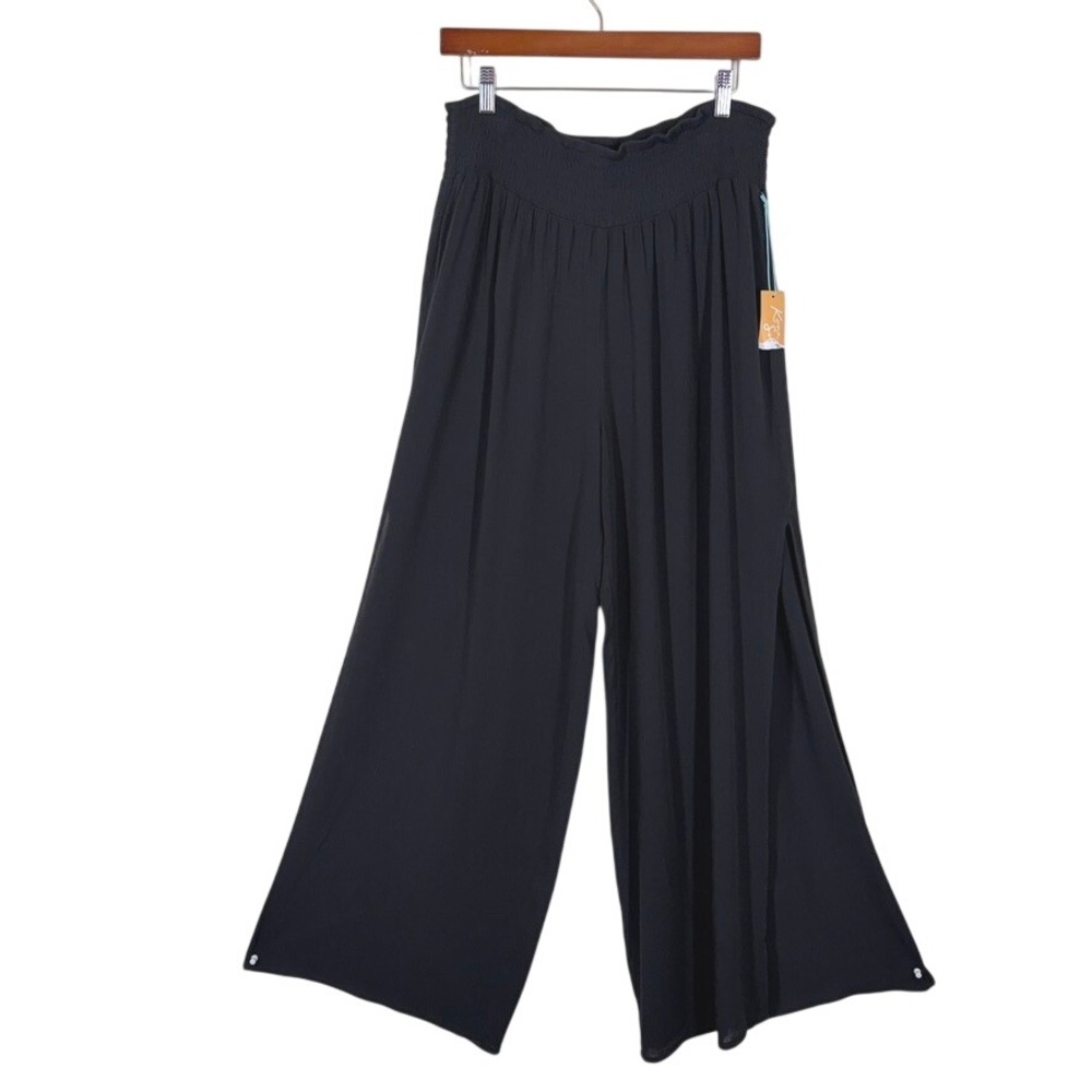 Kona Sol Women Swim Cover-Up Pants L Black Wide Leg Smocked Side Slit Beachwear